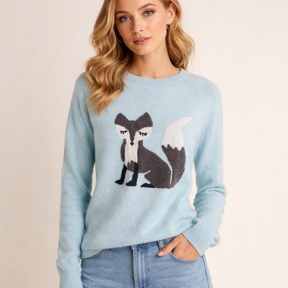 Aqua Cashmere Sweaters - Aqua Cashmere Fox Intarsia Crewneck Sweater